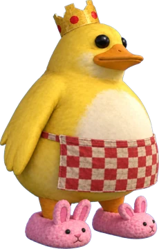 Duk, a yellow duck in a paper crown, gingham apron and pink bunny slippers